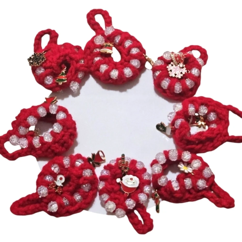 Hand Crafted Hand Crochet Christmas ornaments red beaded 8 mini holiday wreaths
